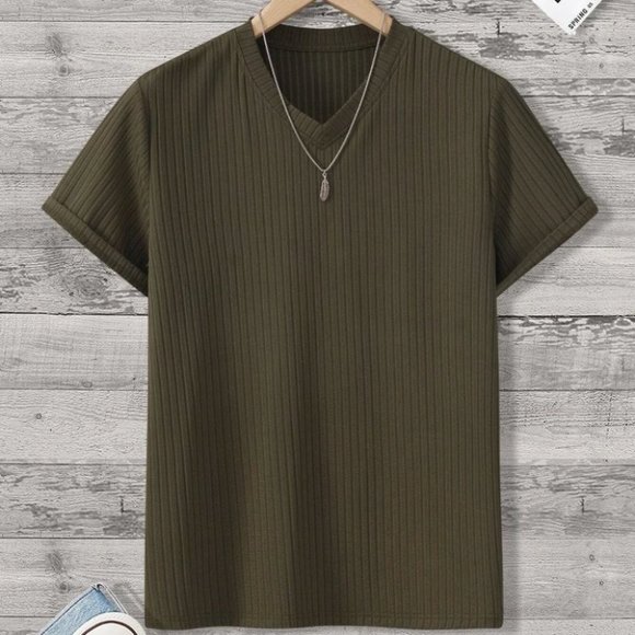 Casual Summer Style Army Green Men's V-Neck Tee - Picture 1 of 4